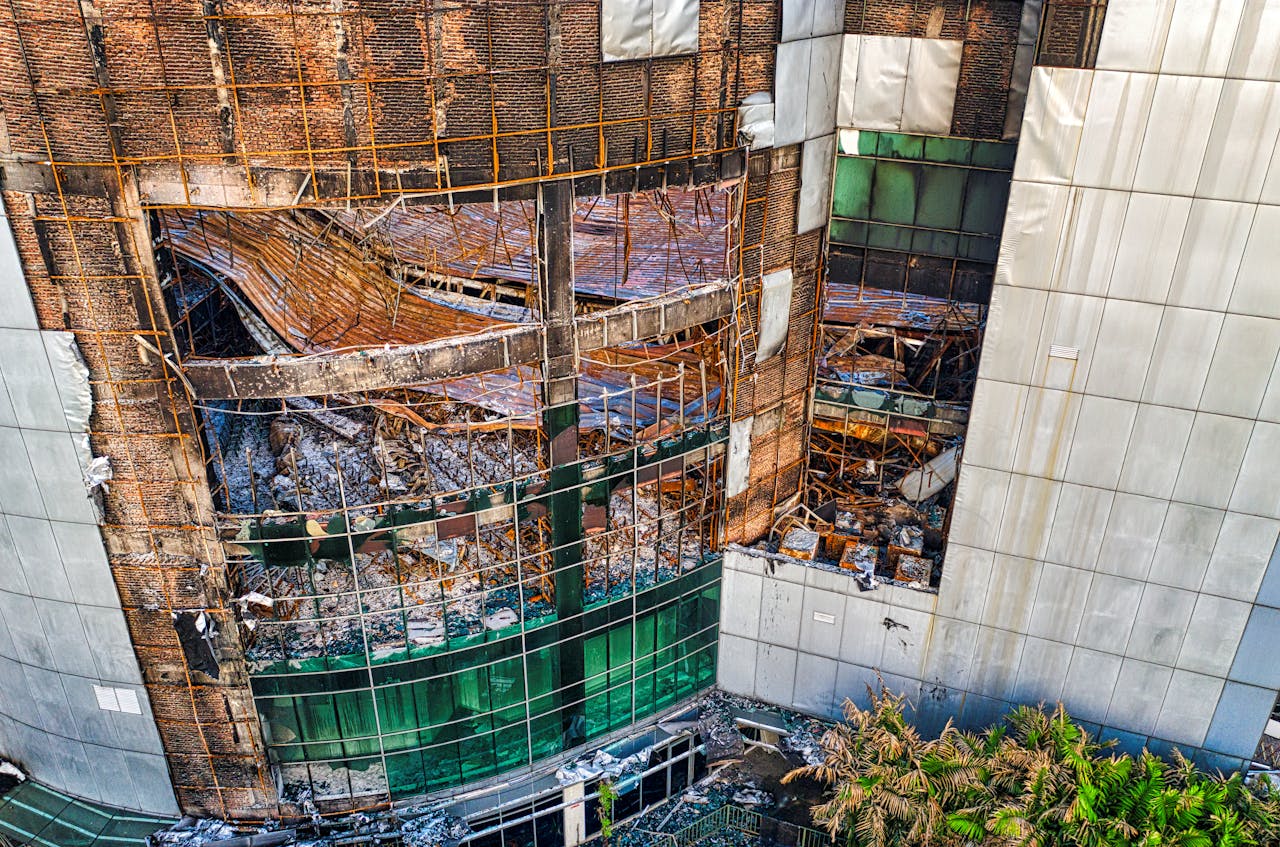 Destruction and decay of an abandoned building in Banten, Indonesia, captured via drone.