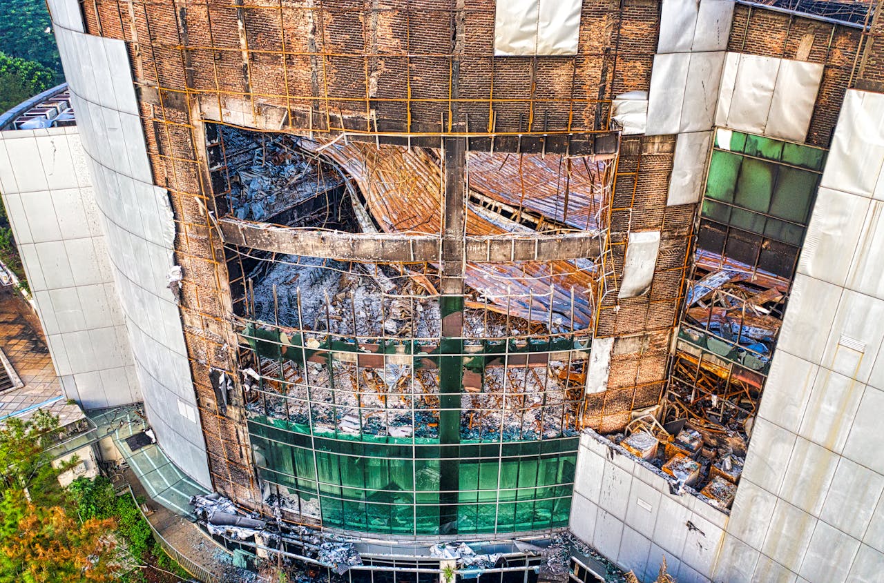 Aerial view of a partially collapsed building facade in Banten, Indonesia.