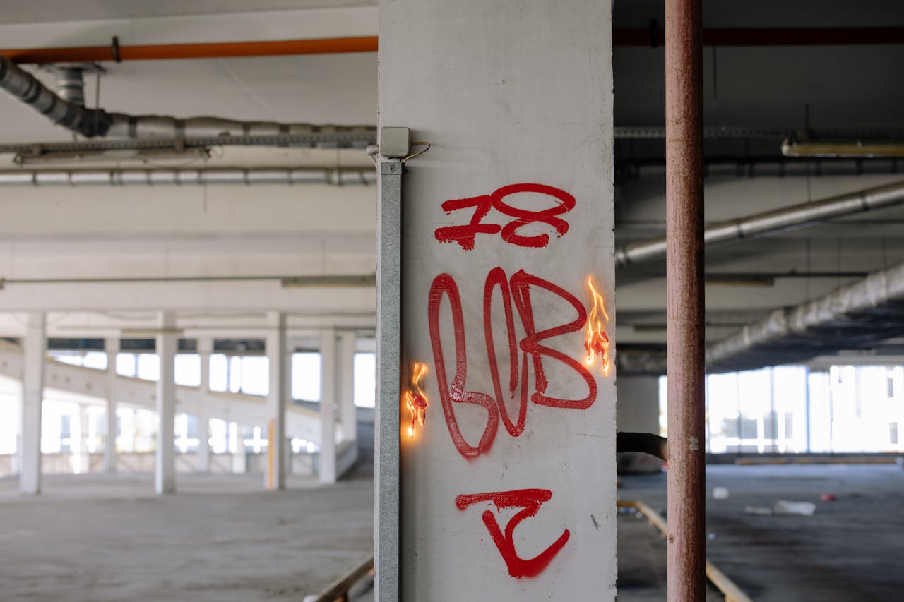 Red graffiti on a column inside an unfinished, abandoned building with visible pipes.